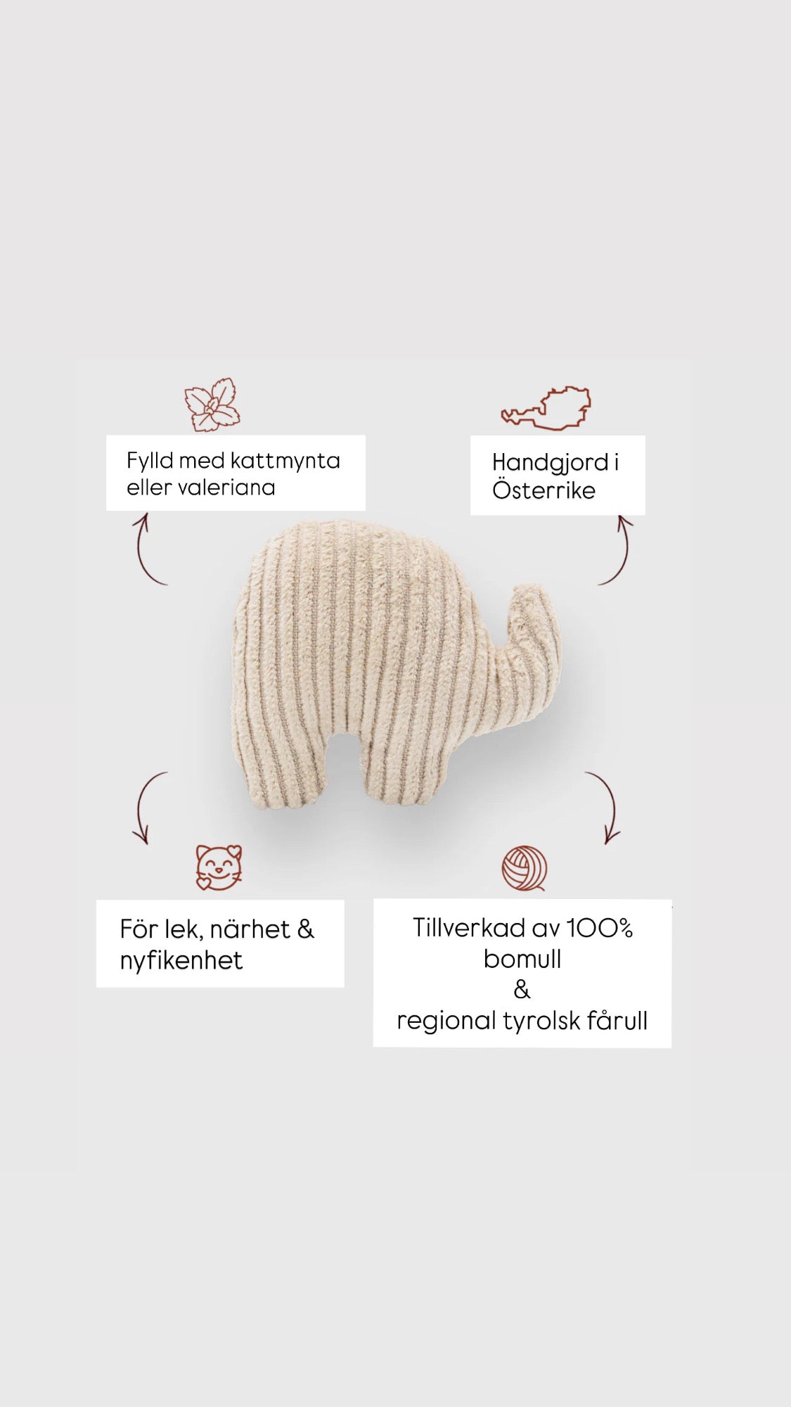 Naturlig kattleksak – elefant med kattmynta eller valeriana