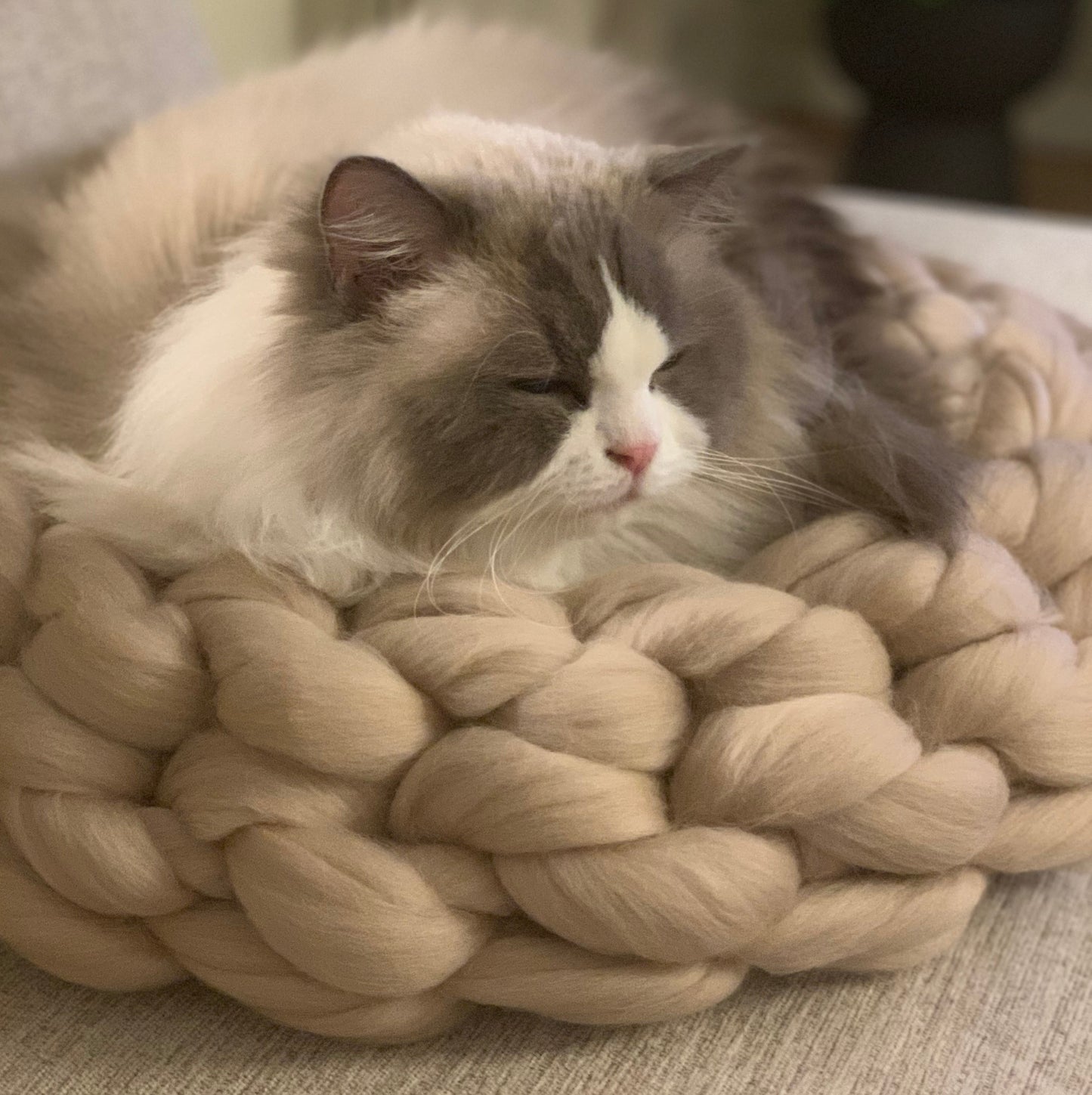 Chunky - Handstickad kattbädd i merinoull - Sand