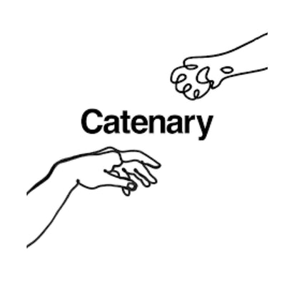Catenary logotyp med ritad hand och tass som visar bandet mellan människa och katt 