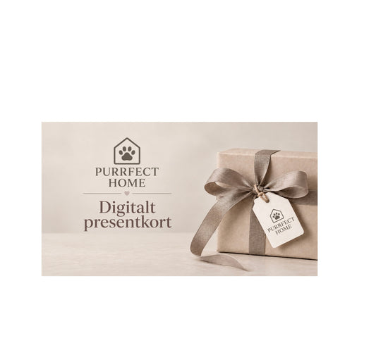 Bild med beige presentask och dekorativ rosett text digitalt presentkort Purrfect Home 