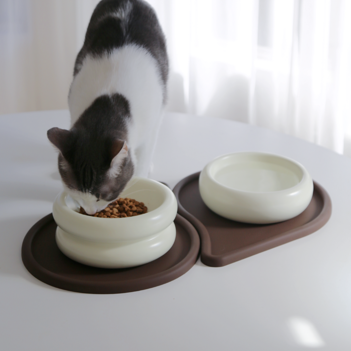 Gråvit katt som äter torrfoder ur en vit keramikskål på en mörkbrun skålmatta i silikon