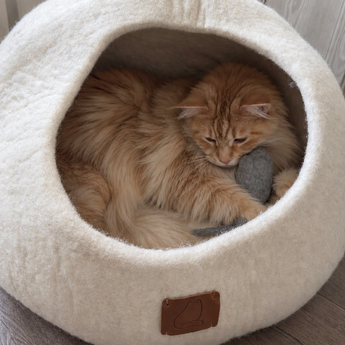 Stor katt som vilar i Haven Extra stor kattgrotta i naturlig ull – Snövit