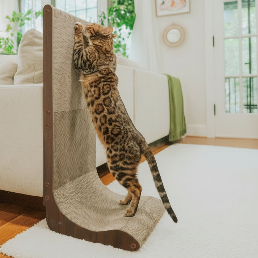 Bengalblandad katt som klöser på en stabil och vändbar klösmöbel på golvet