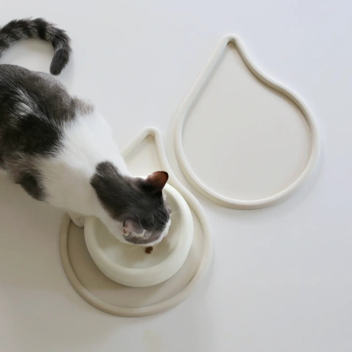 Gråvit katt vid två sandfärgade matskålsunderlägg som har lagts ihop så de blir en enhetlig matplats 
